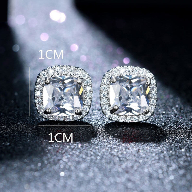 Silver Plated Anti Tarnish American Diamond Studded Silver Square Crushed Ice Cut Stud Earrings