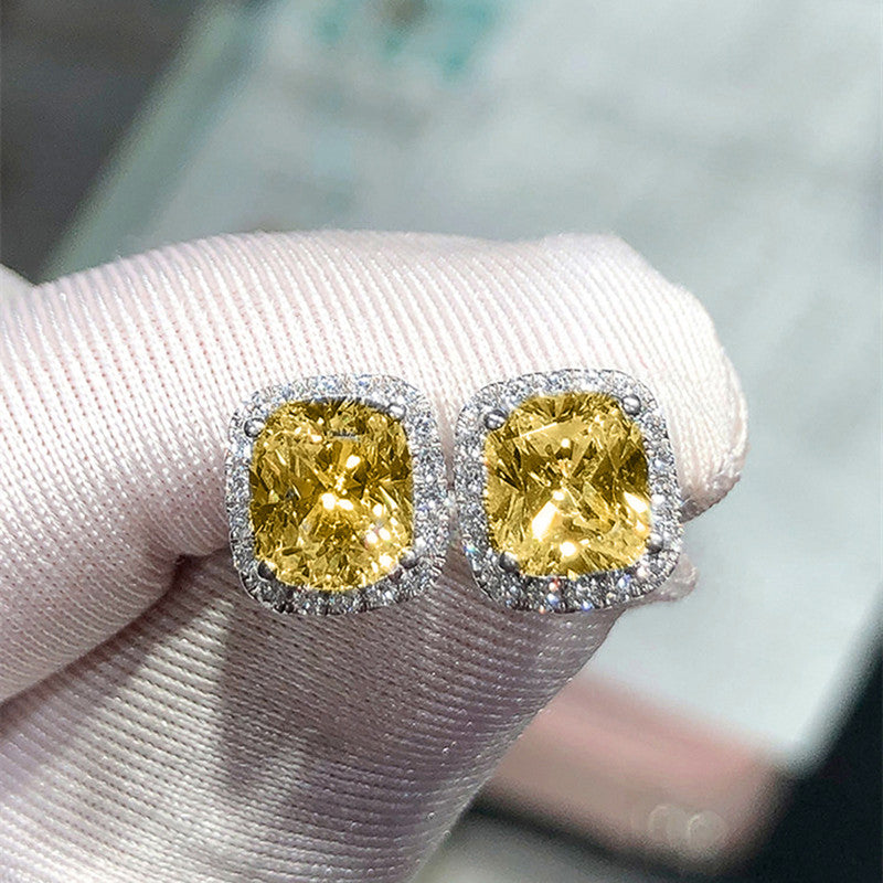 Silver Plated Anti Tarnish American Diamond Studded Yellow Square Crushed Ice Cut Stud Earrings