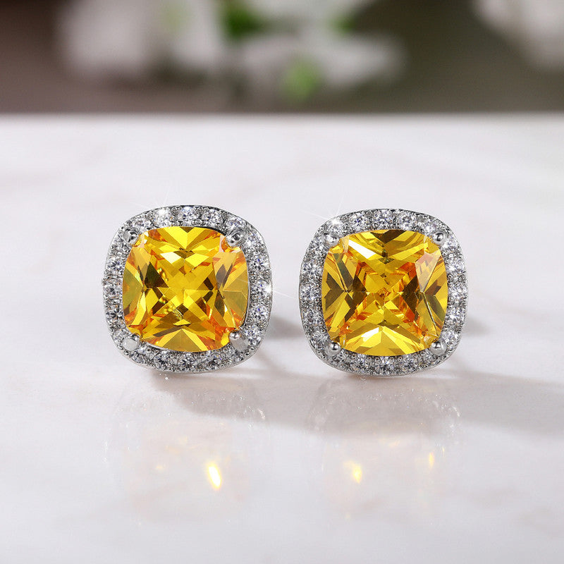 Silver Plated Anti Tarnish American Diamond Studded Yellow Square Crushed Ice Cut Stud Earrings