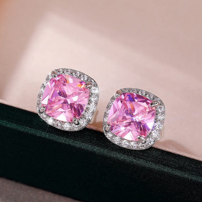 Silver Plated Anti Tarnish American Diamond Studded Pink Square Crushed Ice Cut Stud Earrings