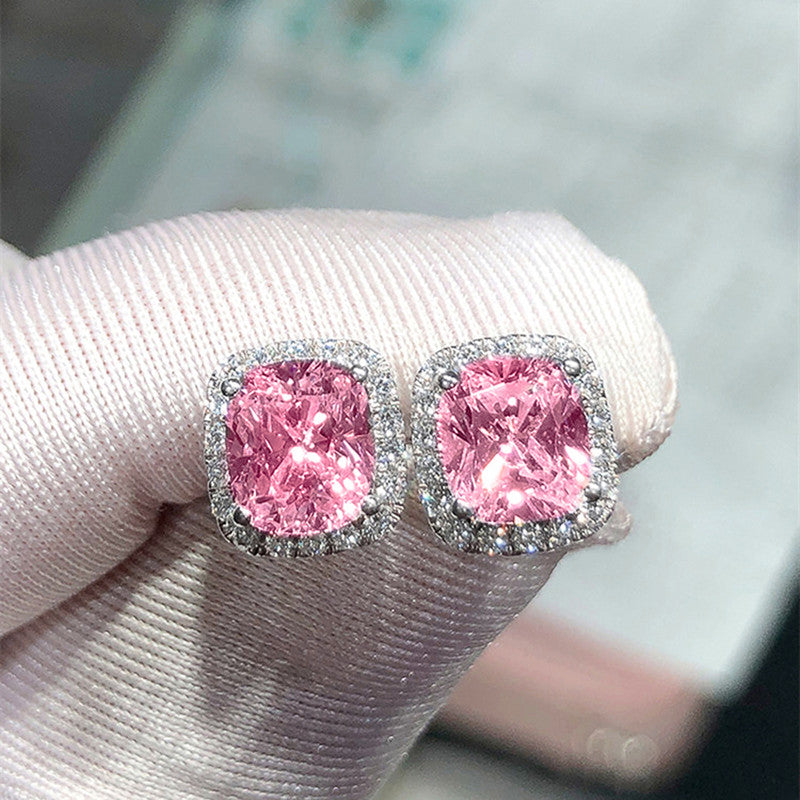 Silver Plated Anti Tarnish American Diamond Studded Pink Square Crushed Ice Cut Stud Earrings