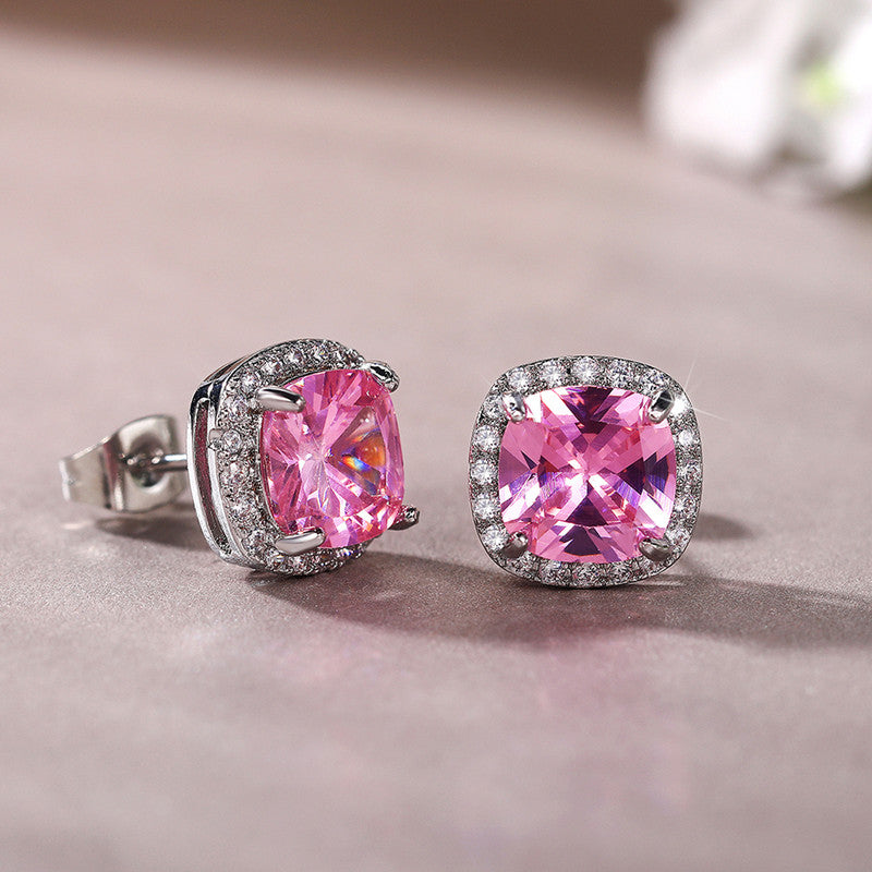 Silver Plated Anti Tarnish American Diamond Studded Pink Square Crushed Ice Cut Stud Earrings