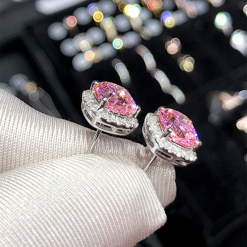 Silver Plated Anti Tarnish American Diamond Studded Pink Square Crushed Ice Cut Stud Earrings