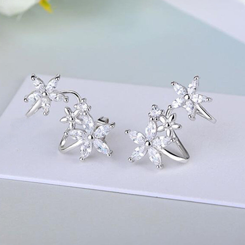 Silver Plated Anti Tarnish American Diamond Studded Triple Star Shaped Earcuffs Style Stud Earrings