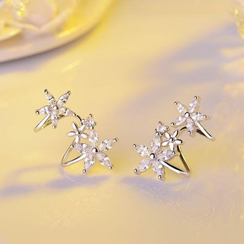 Silver Plated Anti Tarnish American Diamond Studded Triple Star Shaped Earcuffs Style Stud Earrings