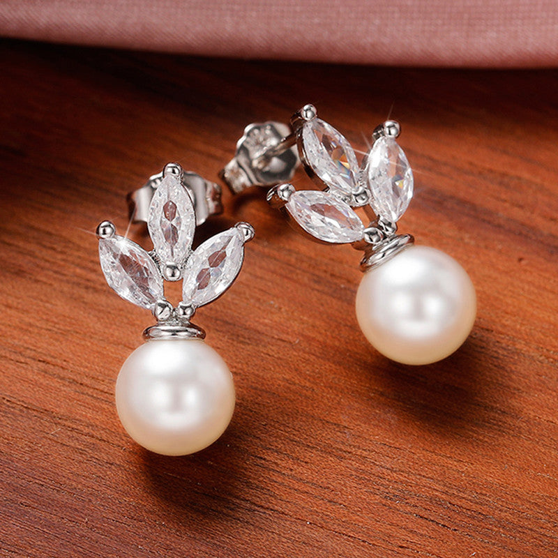 Silver Plated Anti Tarnish American Diamond Studded Pearl Drop Korean Earrings