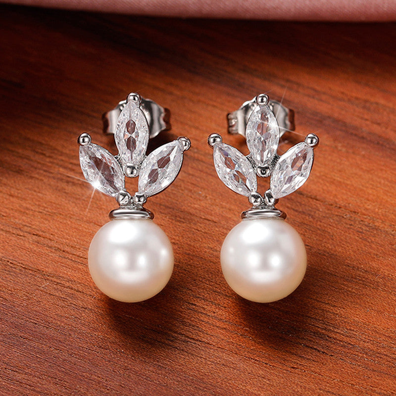 Silver Plated Anti Tarnish American Diamond Studded Pearl Drop Korean Earrings