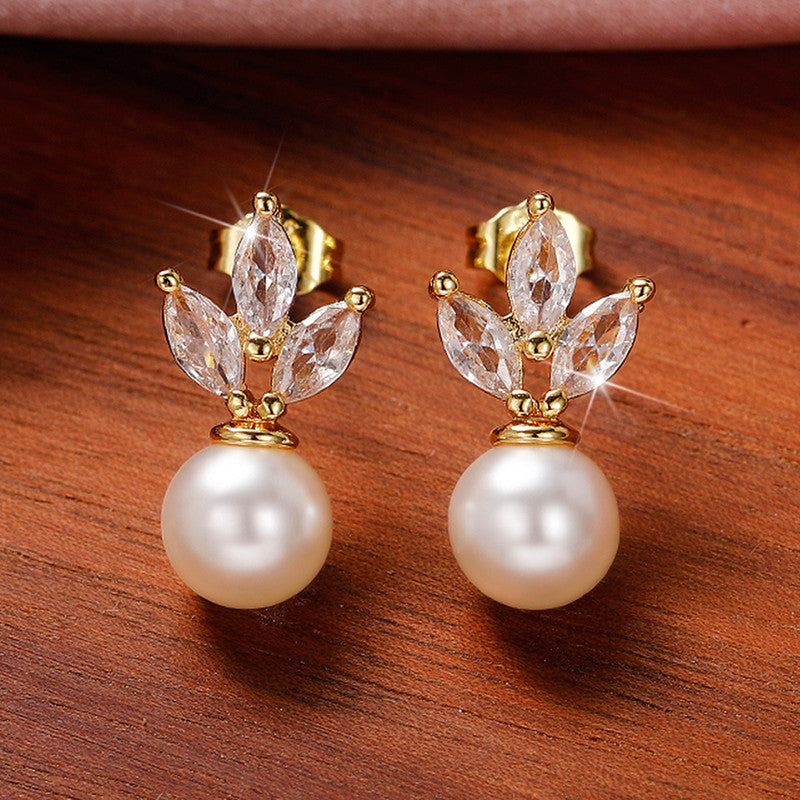 Gold Plated American Diamond Studded Pearl Drop Korean Earrings
