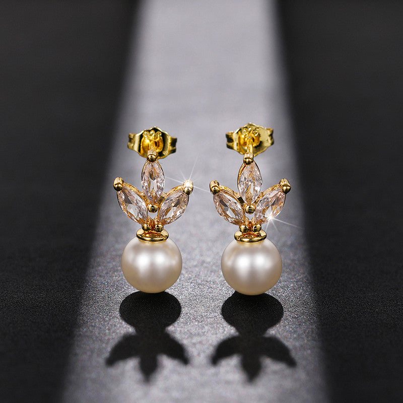 Gold Plated American Diamond Studded Pearl Drop Korean Earrings