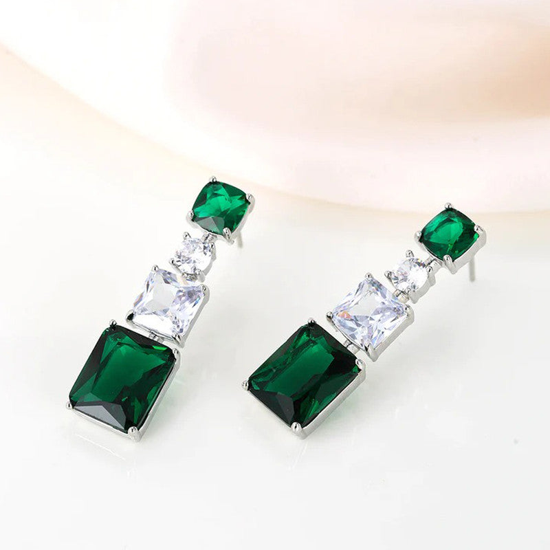Silver Plated American Diamond Studded Green Geometrical Crushed Ice Cut Drop Earrings