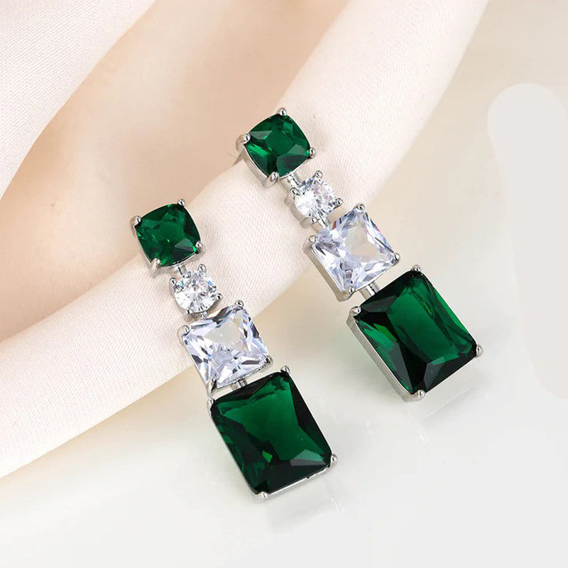 Silver Plated American Diamond Studded Green Geometrical Crushed Ice Cut Drop Earrings