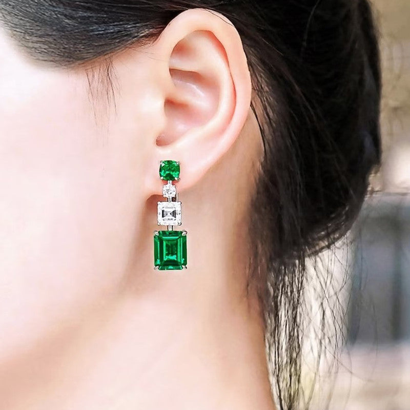 Silver Plated American Diamond Studded Green Geometrical Crushed Ice Cut Drop Earrings