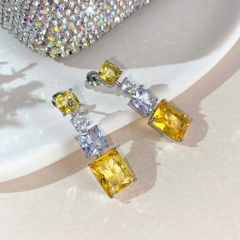 Silver Plated American Diamond Studded Yellow Geometrical Crushed Ice Cut Drop Earrings