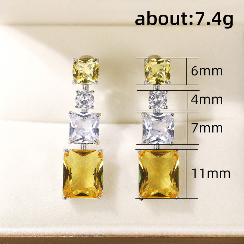 Silver Plated American Diamond Studded Yellow Geometrical Crushed Ice Cut Drop Earrings