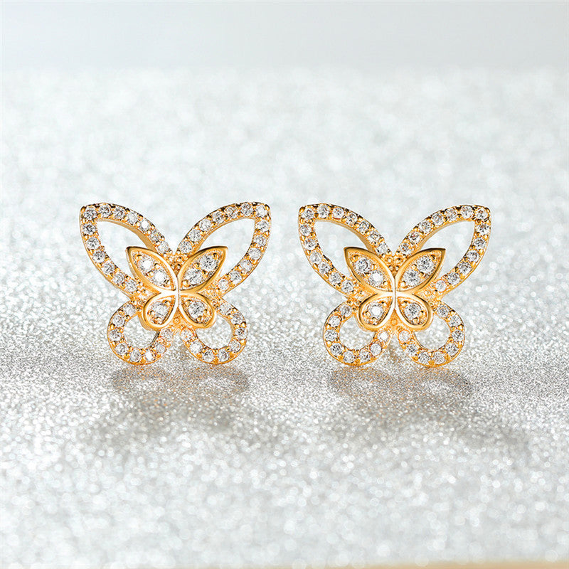 Gold Plated American Diamond Studded Dual Butterfly Shaped Korean Stud Earrings