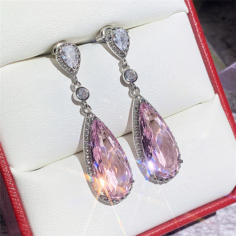 Silver Plated Anti Tarnish American Diamond Studded Pink Teardop Shape Ice Cut Drop Earrings