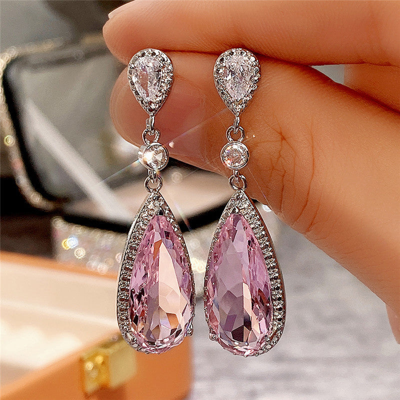 Silver Plated Anti Tarnish American Diamond Studded Pink Teardop Shape Ice Cut Drop Earrings