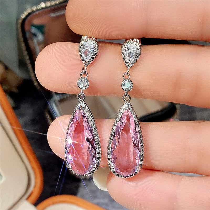 Silver Plated Anti Tarnish American Diamond Studded Pink Teardop Shape Ice Cut Drop Earrings