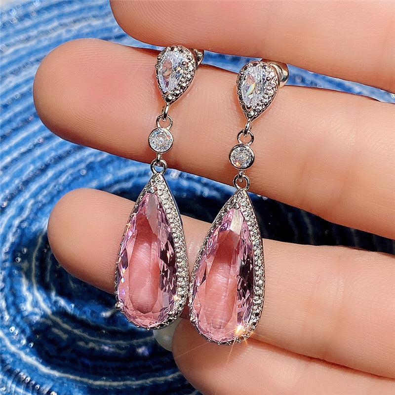 Silver Plated Anti Tarnish American Diamond Studded Pink Teardop Shape Ice Cut Drop Earrings