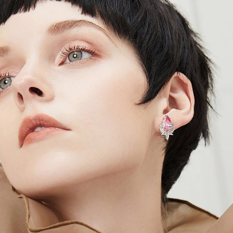 Silver Plated Anti Tarnish American Diamond Studded Pink Crushed Ice Cut Drop Earrings