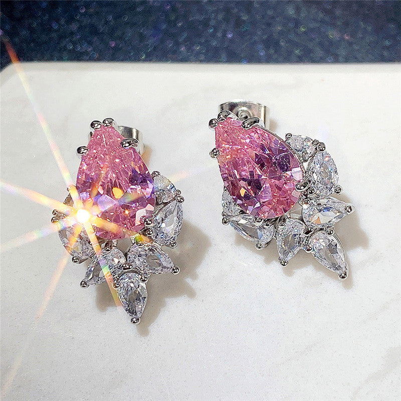 Silver Plated Anti Tarnish American Diamond Studded Pink Crushed Ice Cut Drop Earrings