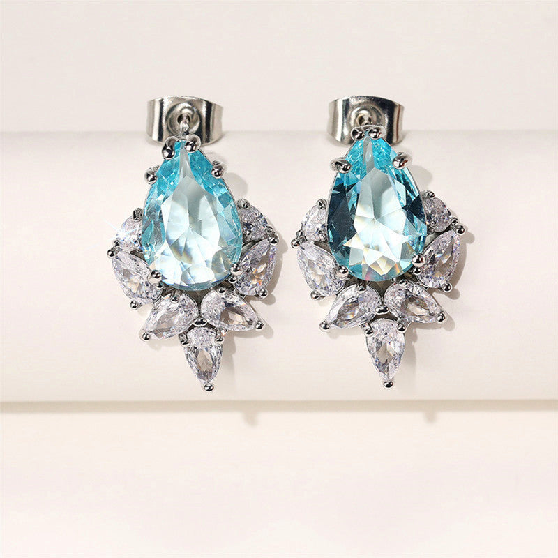 Silver Plated Anti Tarnish American Diamond Studded Blue Crushed Ice Cut Drop Earrings