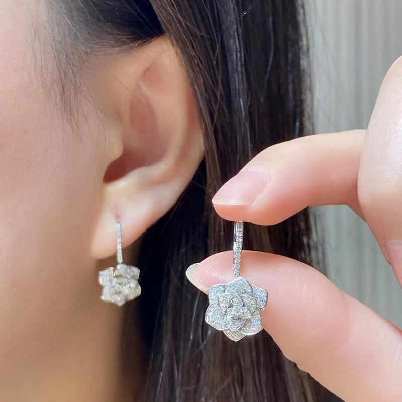 Silver Plated Anti Tarnish American Diamond Studded Floral Rose themed Drop Earrings
