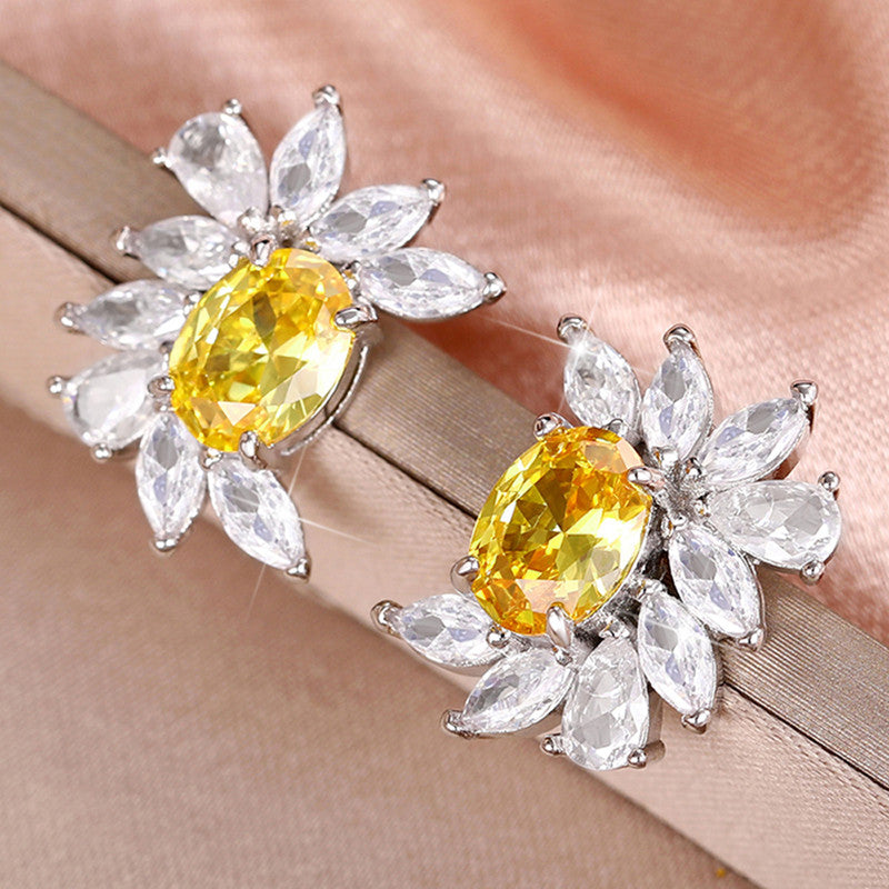 Silver Plated American Diamond Studded Anti Tarnish Yellow Crushed Ice Cut Stud Earrings