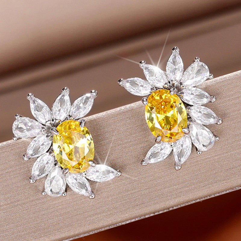 Silver Plated American Diamond Studded Anti Tarnish Yellow Crushed Ice Cut Stud Earrings
