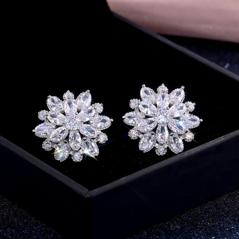 Silver Plated Anti Tarnish American Diamond Studded Silver Floral Silver Stud Earrings