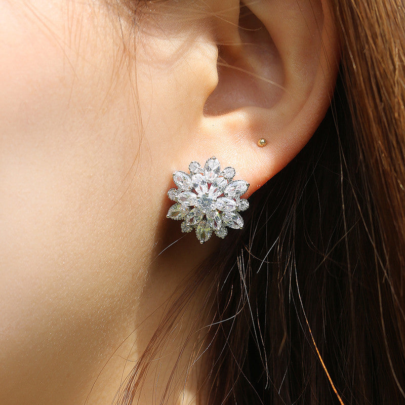 Silver Plated Anti Tarnish American Diamond Studded Silver Floral Silver Stud Earrings