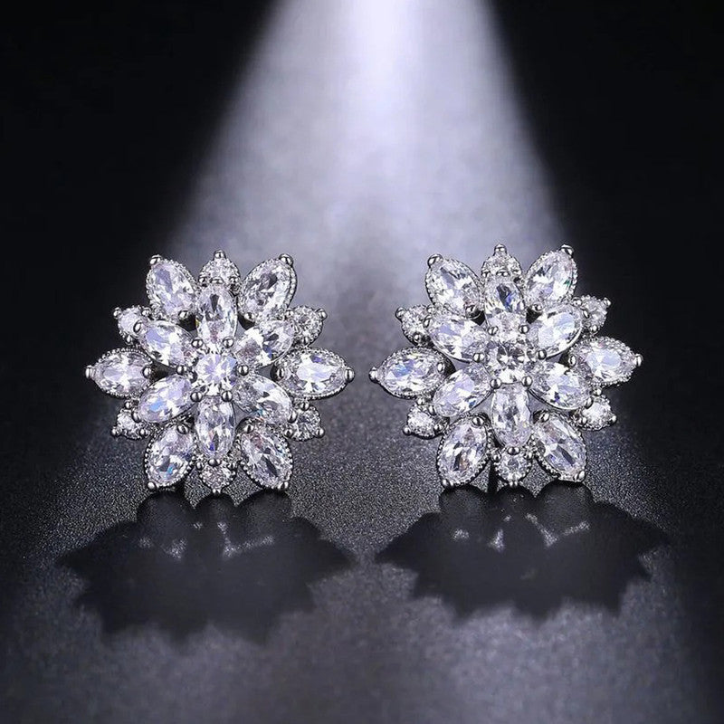 Silver Plated Anti Tarnish American Diamond Studded Silver Floral Silver Stud Earrings