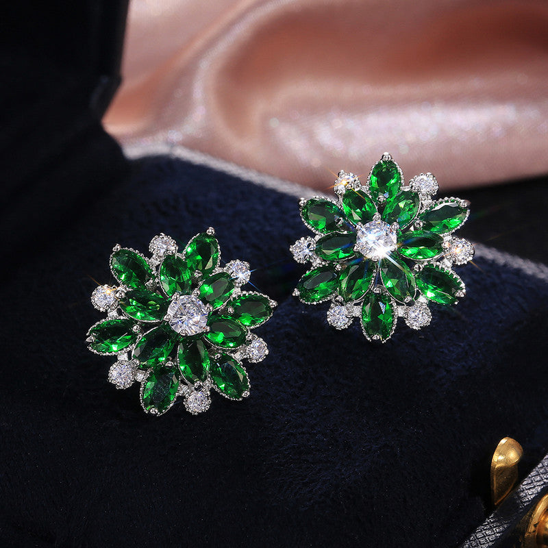 Silver Plated Anti Tarnish American Diamond Studded Green Floral Silver Stud Earrings