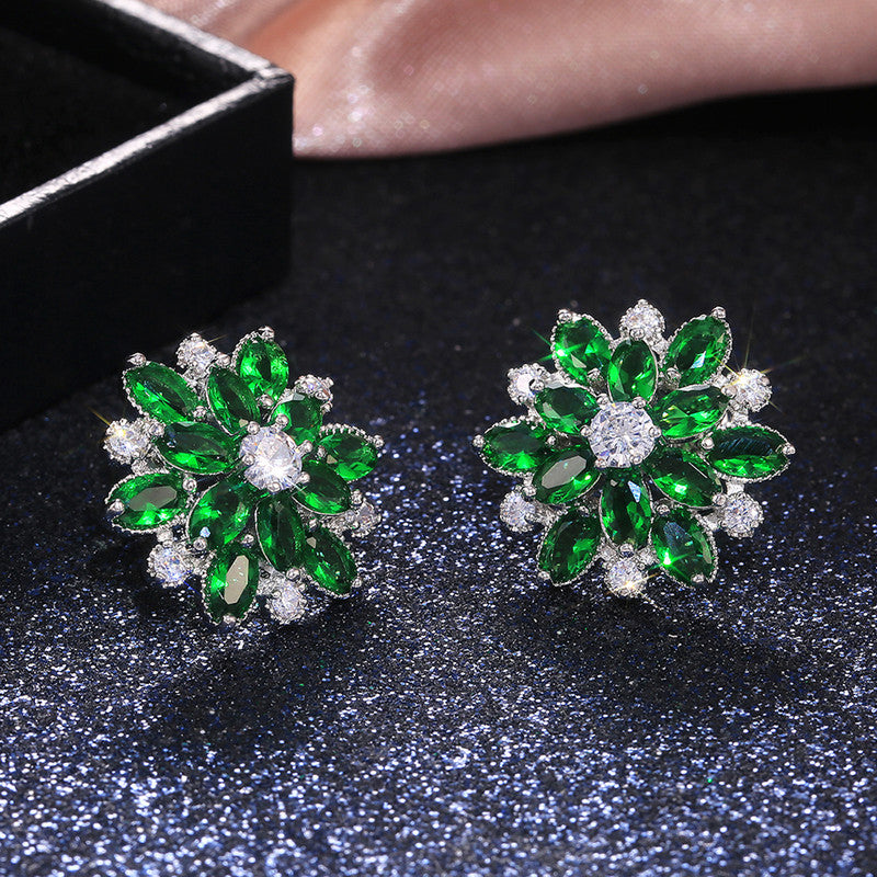 Silver Plated Anti Tarnish American Diamond Studded Green Floral Silver Stud Earrings