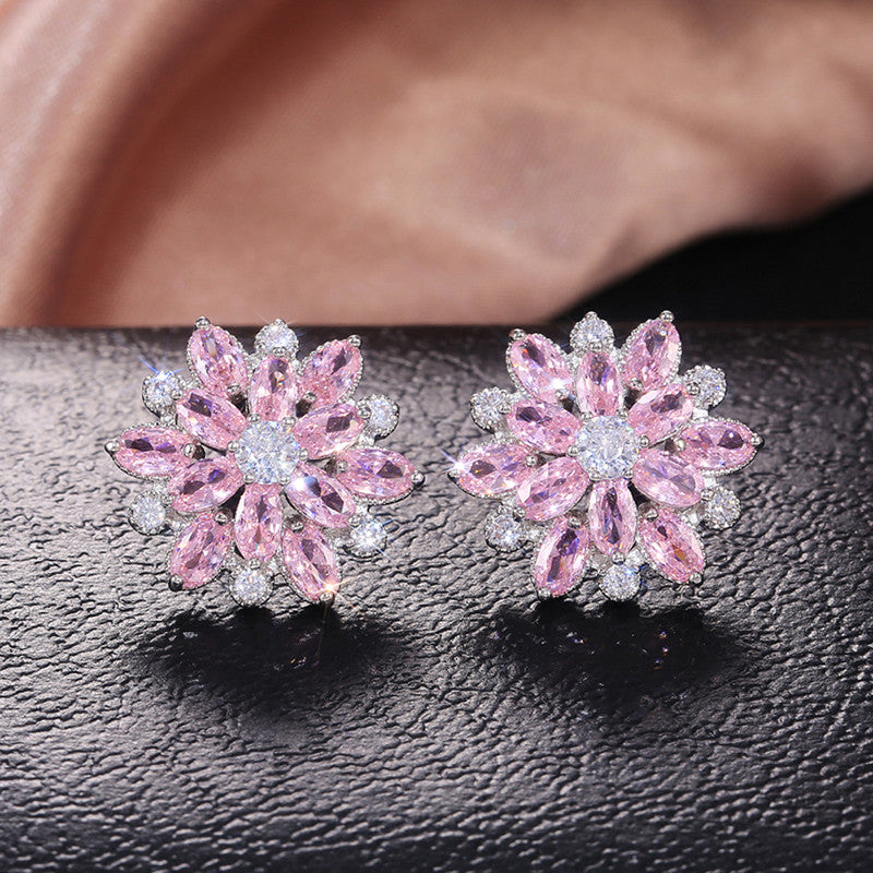 Silver Plated Anti Tarnish American Diamond Studded Pink Floral Silver Stud Earrings