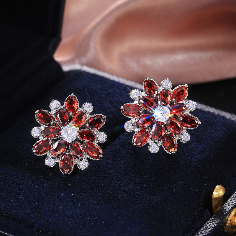 Silver Plated Anti Tarnish American Diamond Studded Red Floral Silver Stud Earrings