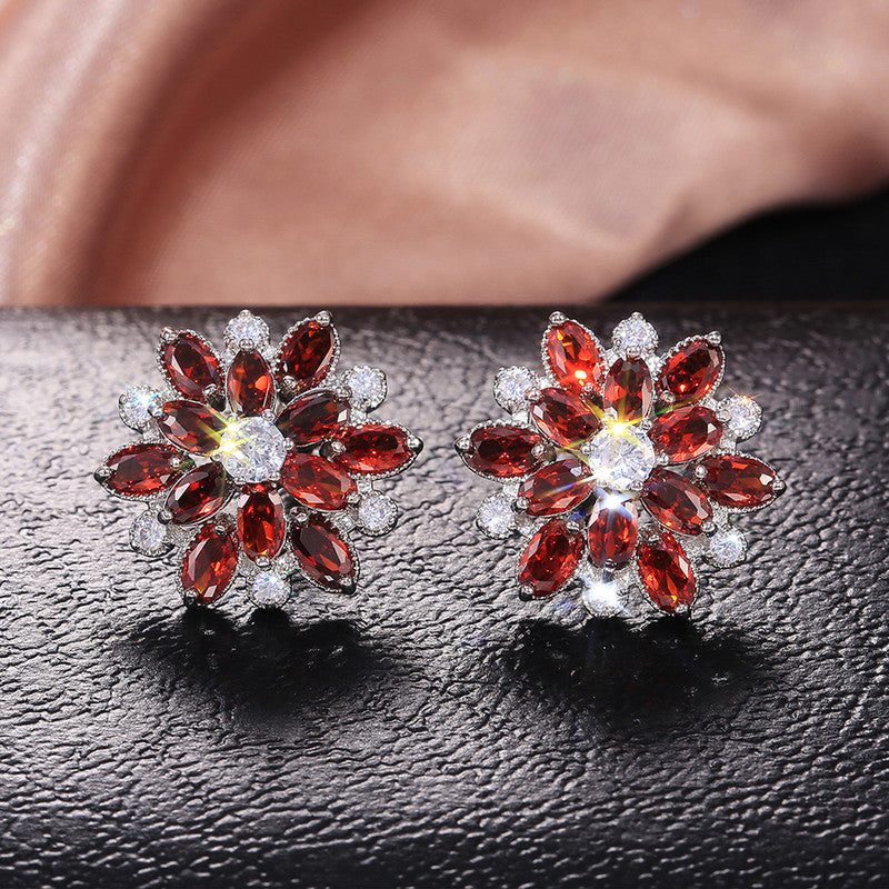 Silver Plated Anti Tarnish American Diamond Studded Red Floral Silver Stud Earrings