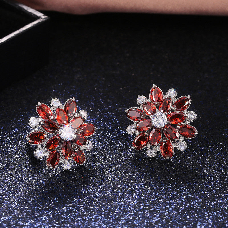 Silver Plated Anti Tarnish American Diamond Studded Red Floral Silver Stud Earrings