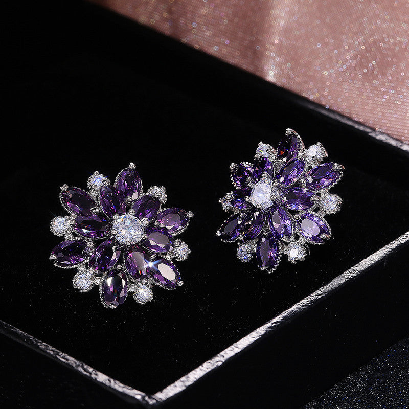 Silver Plated Anti Tarnish American Diamond Studded Purple Floral Silver Stud Earrings