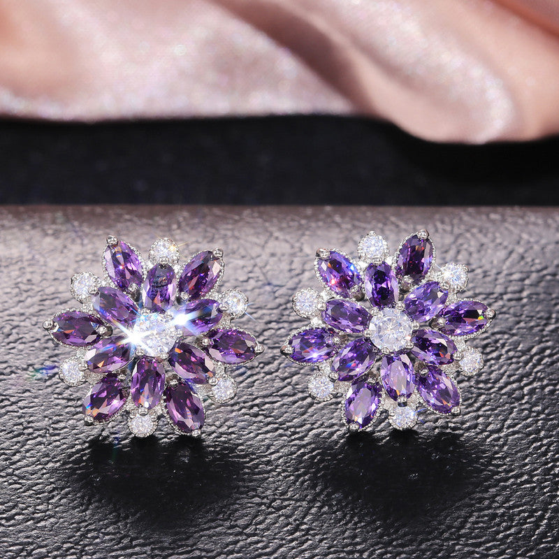 Silver Plated Anti Tarnish American Diamond Studded Purple Floral Silver Stud Earrings
