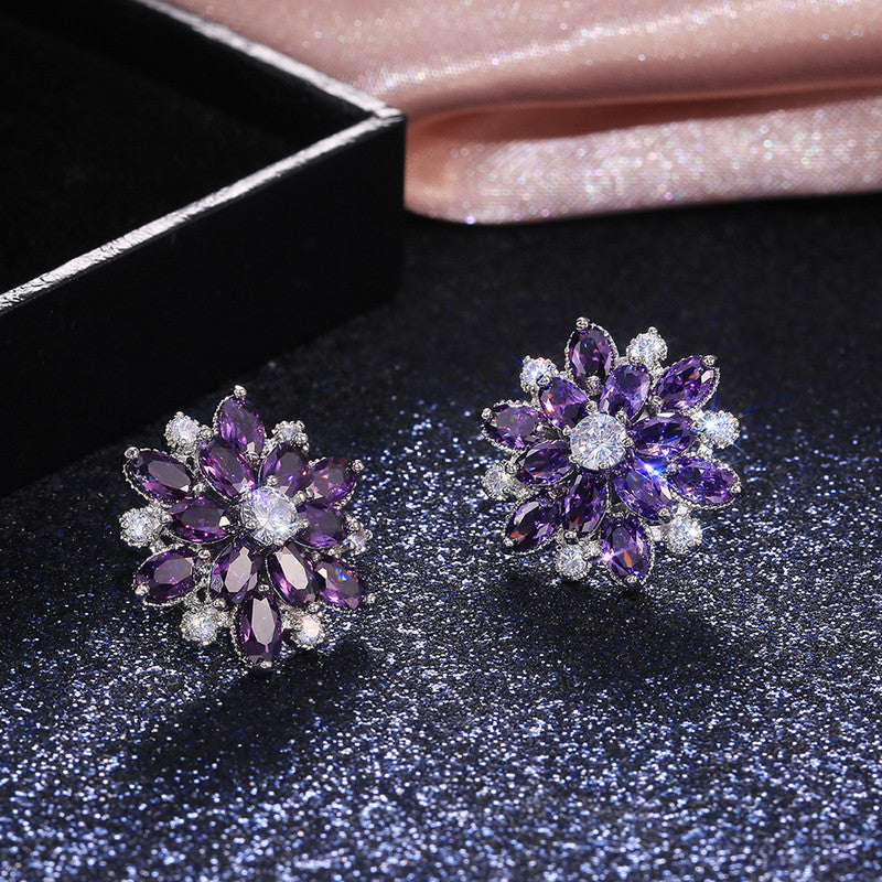 Silver Plated Anti Tarnish American Diamond Studded Purple Floral Silver Stud Earrings