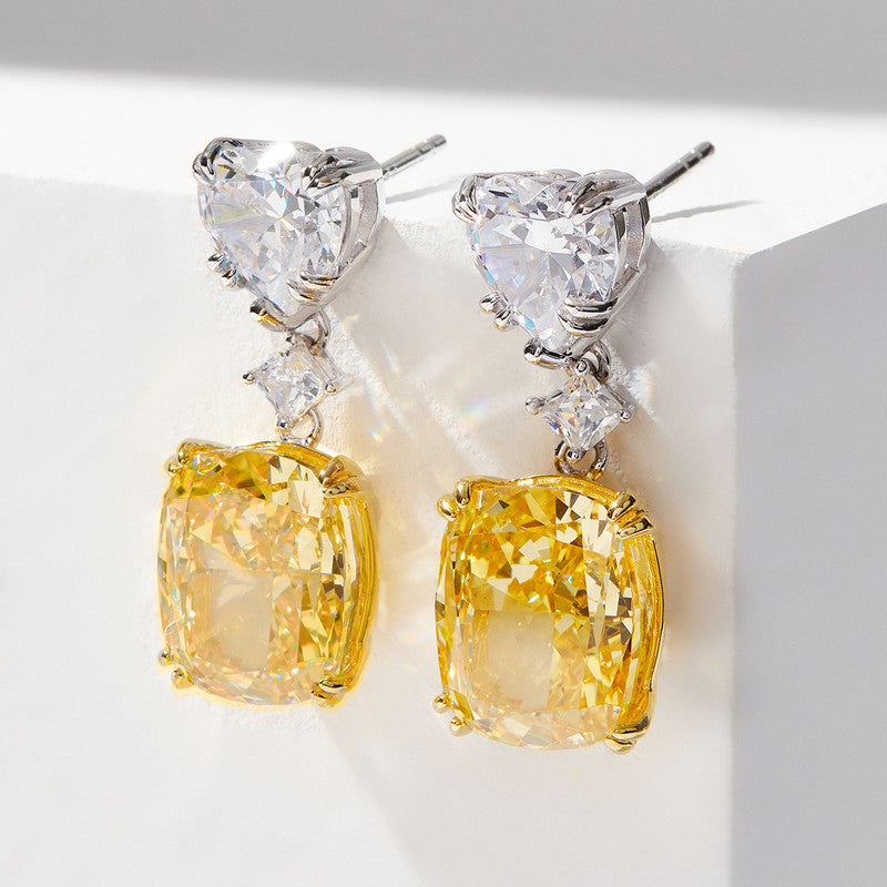 Silver Plated Anit Tarnish American Diamond Studded Yellow Heart inspired Crushed Ice Cut Drop Earrings