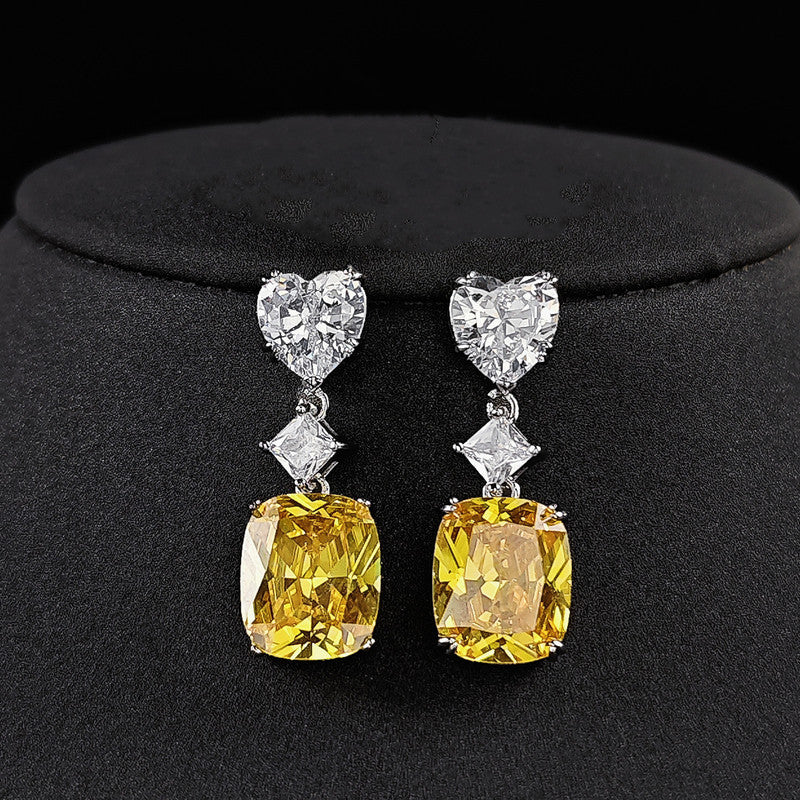Silver Plated Anit Tarnish American Diamond Studded Yellow Heart inspired Crushed Ice Cut Drop Earrings