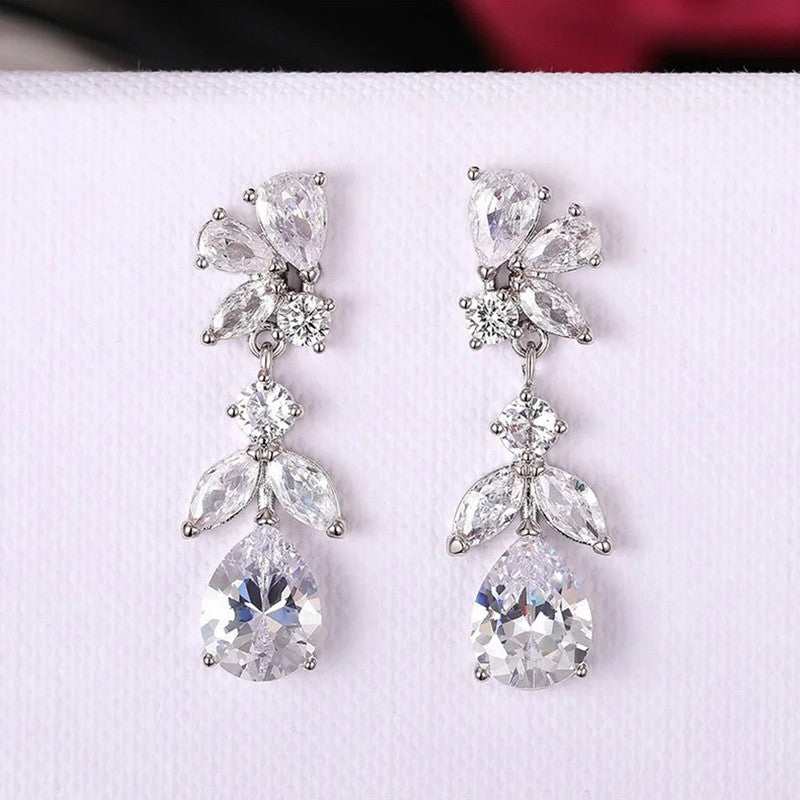 Silver Plated American Diamond Contemporary Crushed Ice Cut Drop Earrings