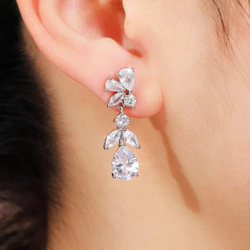 Silver Plated American Diamond Contemporary Crushed Ice Cut Drop Earrings