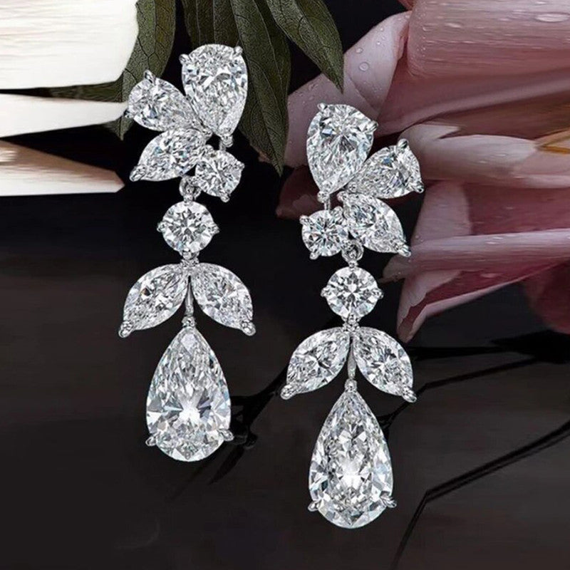 Silver Plated American Diamond Contemporary Crushed Ice Cut Drop Earrings