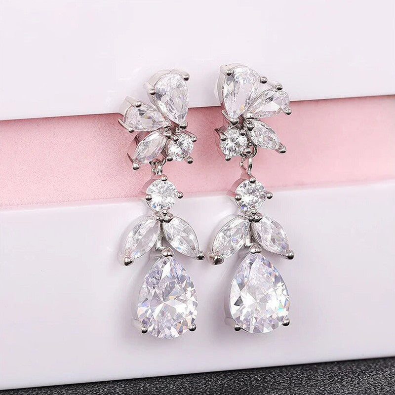 Silver Plated American Diamond Contemporary Crushed Ice Cut Drop Earrings