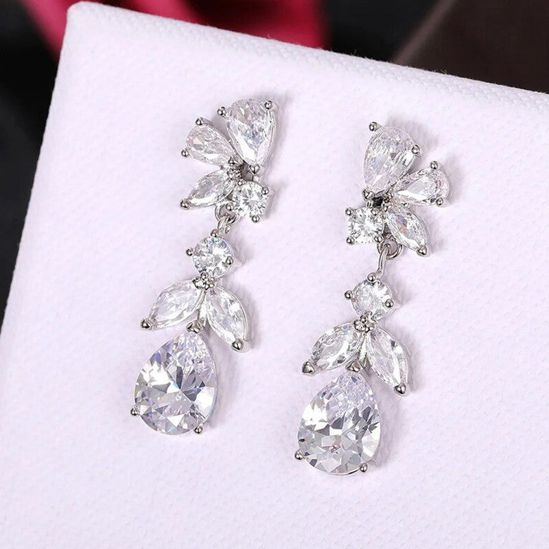 Silver Plated American Diamond Contemporary Crushed Ice Cut Drop Earrings