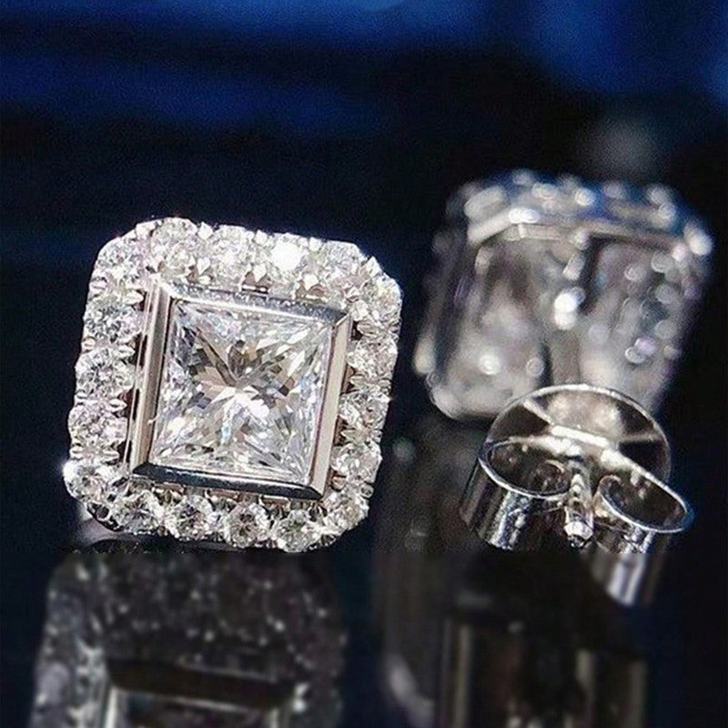 Silver Plated American Diamond Contemporary Crushed Ice Cut Stud Earrings