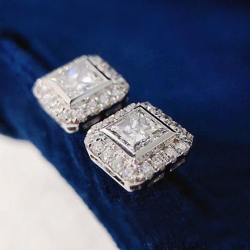 Silver Plated American Diamond Contemporary Crushed Ice Cut Stud Earrings